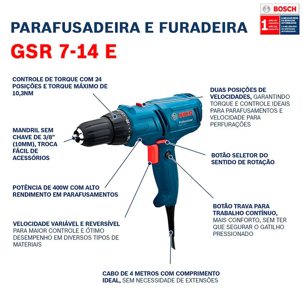 Parafusadeira e furadeira Bosch GSR 7-14 E 400W cabo 4m 220 V — fotografia 7