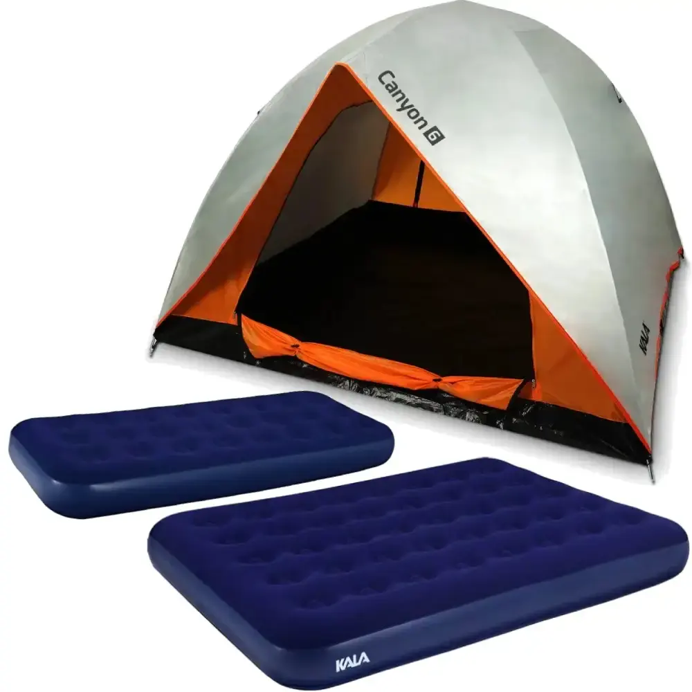Barraca Camping até 6 Pessoas + Colchão Casal Inflável KALA + Colchão Solteiro Inflável BEL