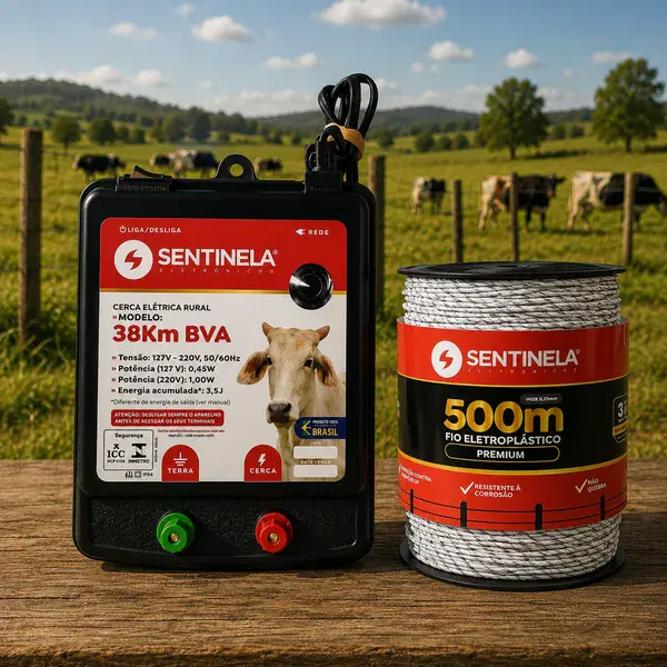 Kit eletrificador de cerca 38KM + 500M de fio eletroplastico premium Sentinela — fotografia de referência