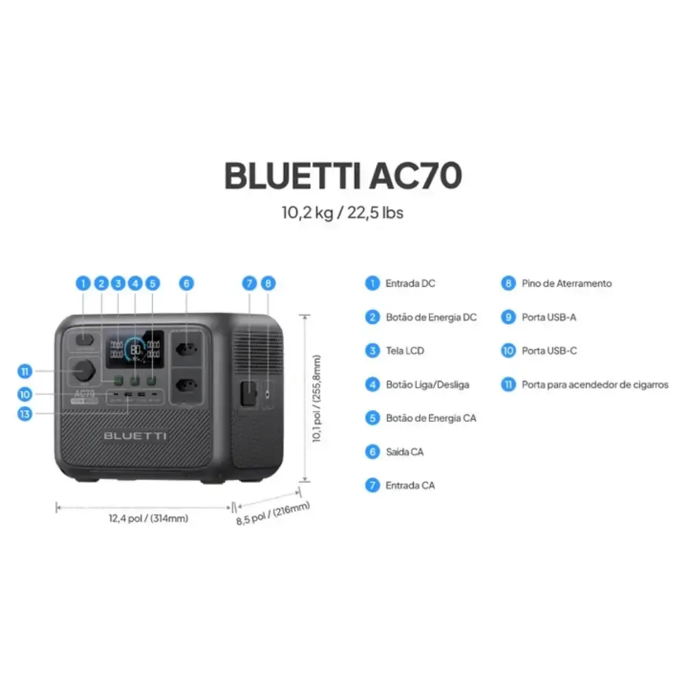 Estação de armazenamento de energia portátil 1000W 768WH AC70 220V Bluetti — fotografia 8
