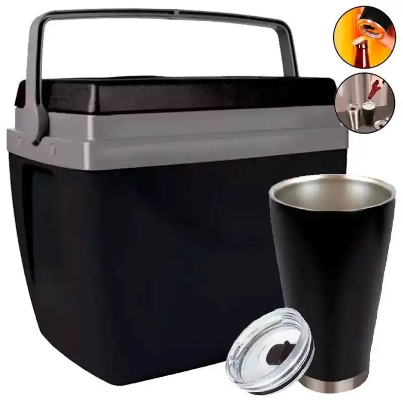Caixa térmica 34 litros preta com copo térmico 700ML inox com abridor Mor