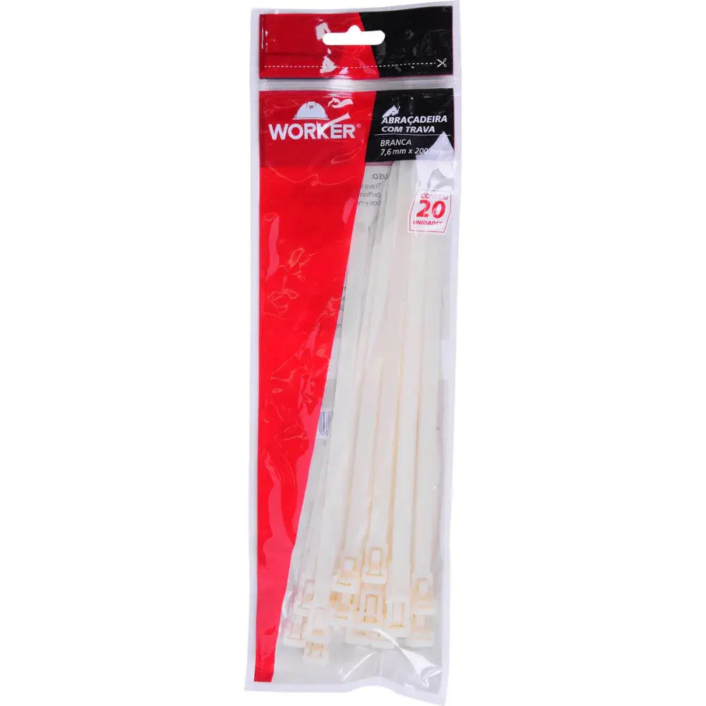 Abraçadeira com trava 200 x 7,6MM branca 20 peças Worker — fotografia 4