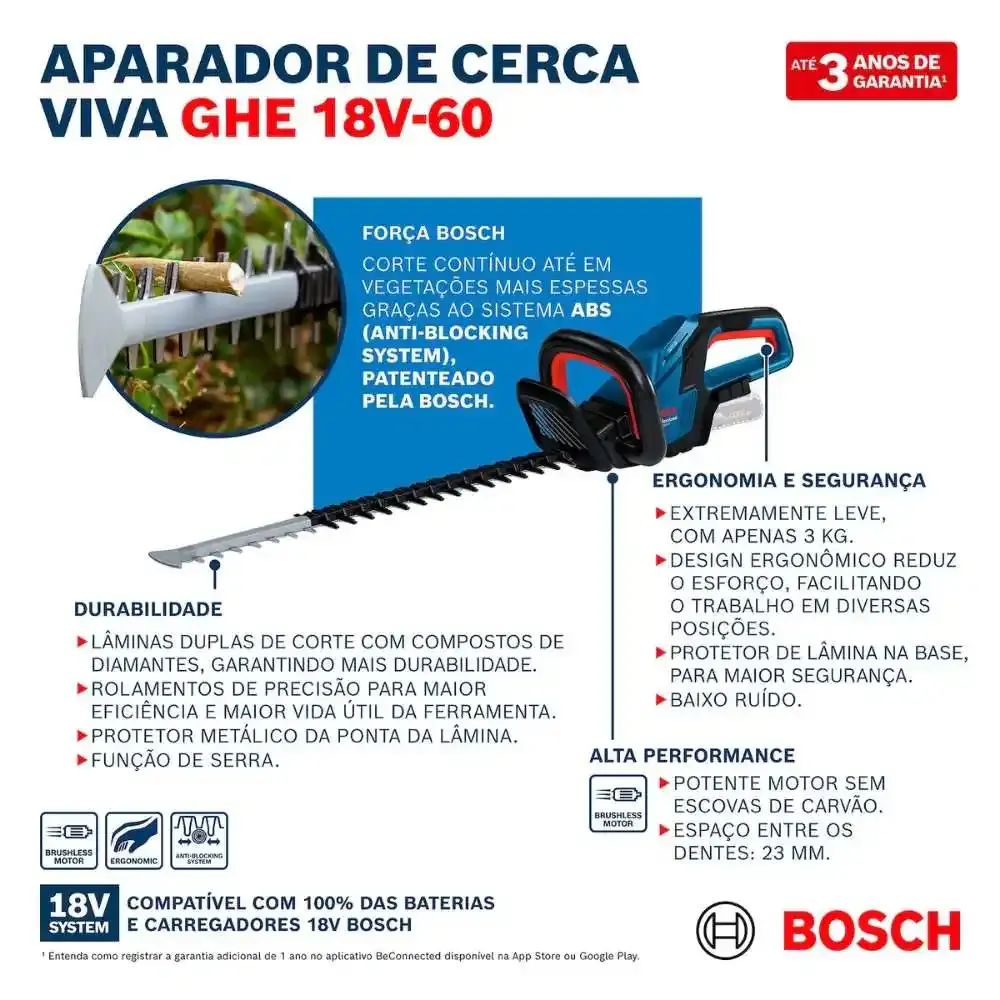 Aparador de cerca viva GHE 18V-60 com bateria 8,0AH 18V e carregador bivolt Bosch — fotografia 7