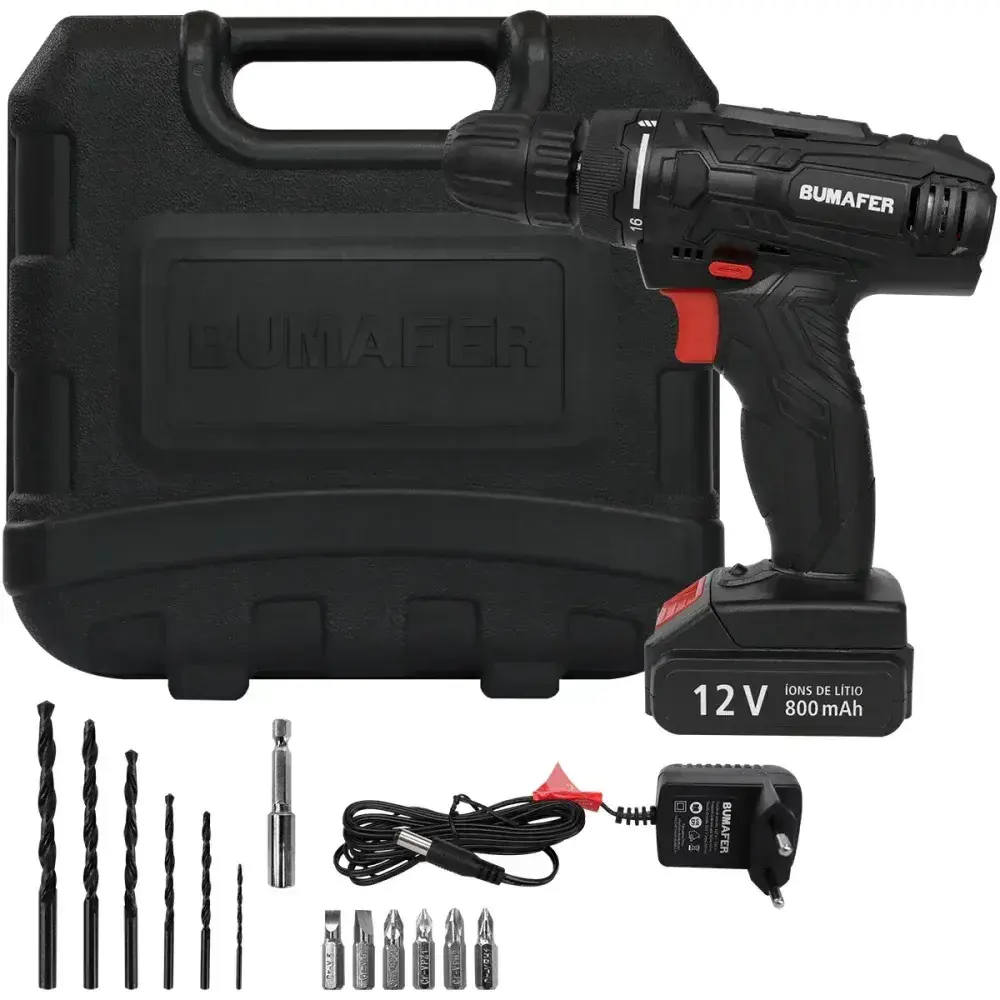 Furadeira/parafusadeira à bateria 18 peç bivolt Bumafer — fotografia 10