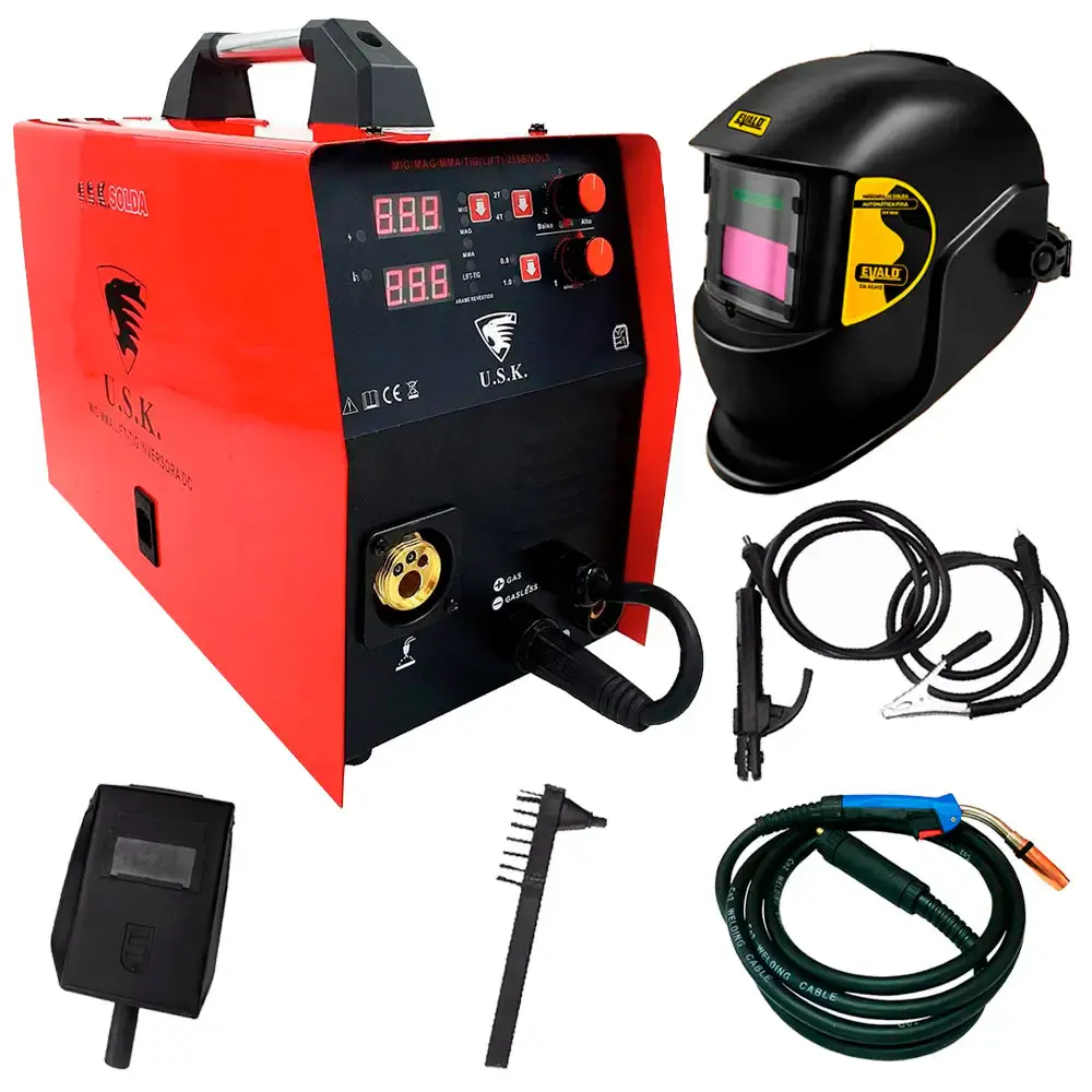 Kit maquina de solda inversora multiprocessos MIG MAG MMA TIG bivolt LIFT-255 USK + máscara de solda automática EVF-1020 evald — fotografia de referência