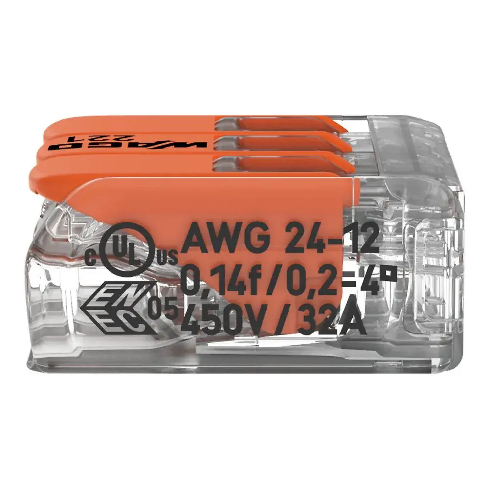 Conector de emenda cx 221 c/ 3 derivações fios de 4MM 50 pçs Wago — fotografia 5