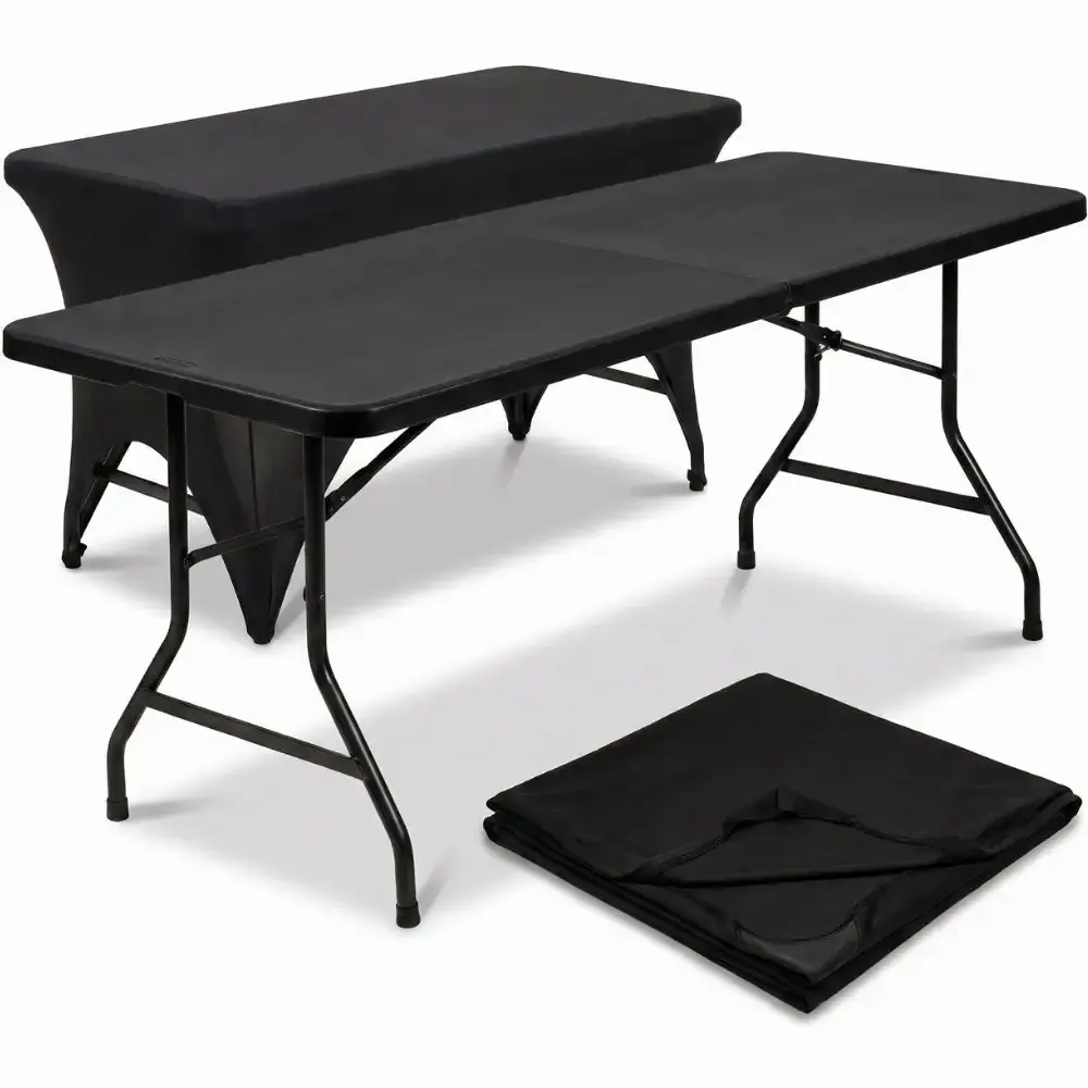 Kit Mesa Dobrável Vira Maleta 180 x 74 x 74 CM com Toalha Capa Retangular Elástica Preta CASA LYS — fotografia de referência