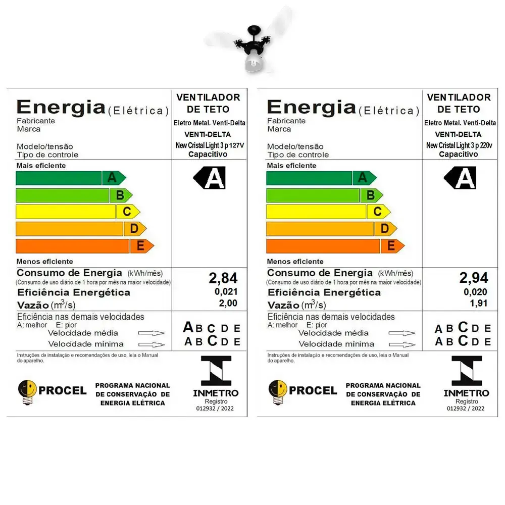Ventilador de teto 3 pás 130W transparente várias cores Venti-delta 220 V Branco — fotografia 2