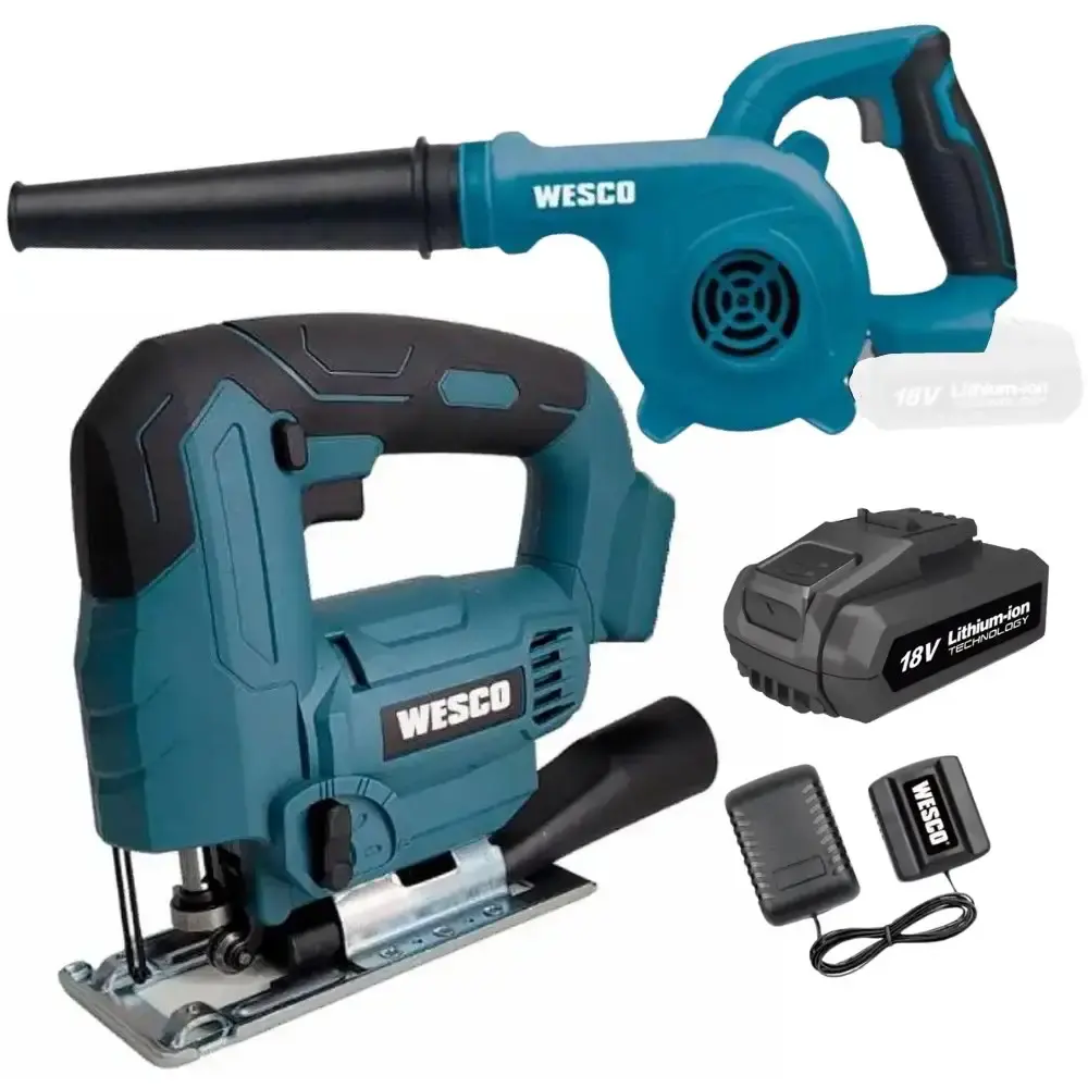 Serra tico tico 18V e soprador 18V com bateria e carregador Wesco — fotografia de referência