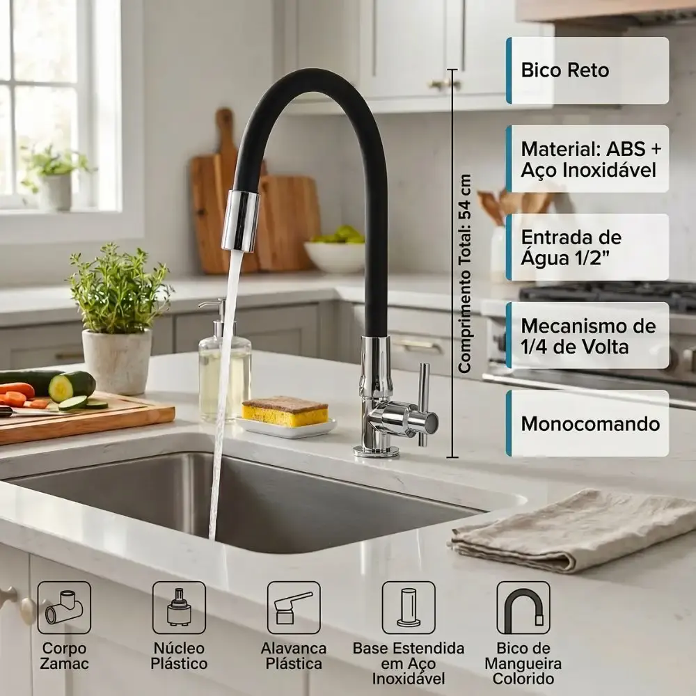 Torneira flexível gourmet para cozinha 54CM ABS e aço inox casa LYS — fotografia 3