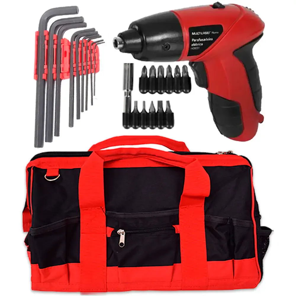 Parafusadeira a bateria 4,8V Multilaser com kit bolsa 18POL e jogo de chave allen