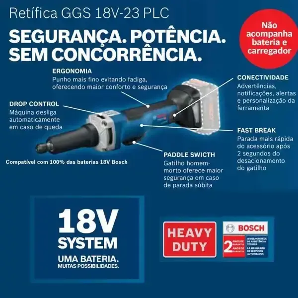 Retífica industrial 18V GGS 18V-23 PLC com bateria 2,0AH, carregador bivolt e bolsa Bosch — fotografia 4