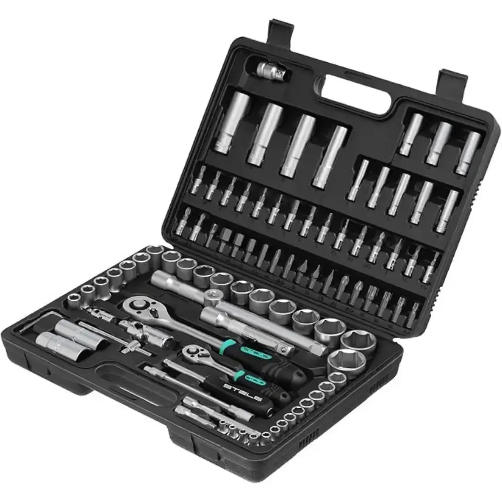 Jogo de soquetes e catraca encaixe 1/2 e 1/4 POL aço cr-v kit com 94 peças Stels