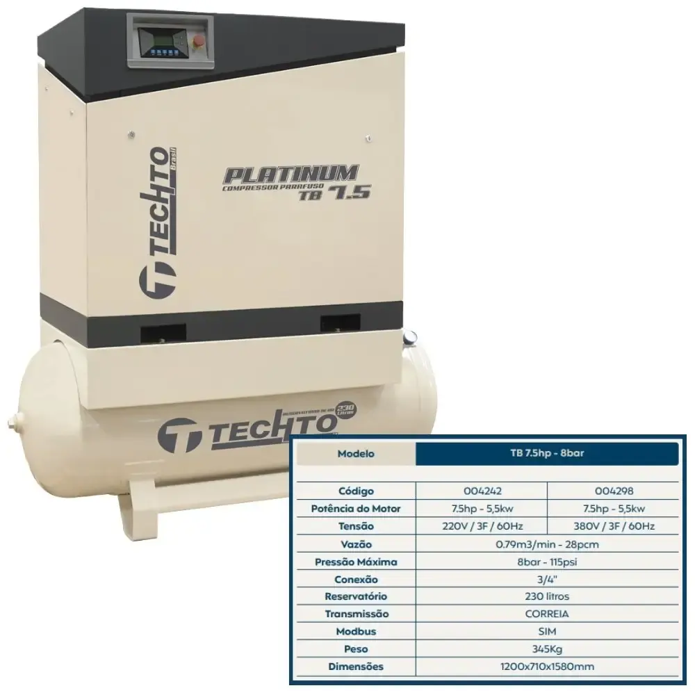 Compressor de parafuso platinum com reservatório 230L 7,5HP 8BAR 380V TB7,5 techto — fotografia 5