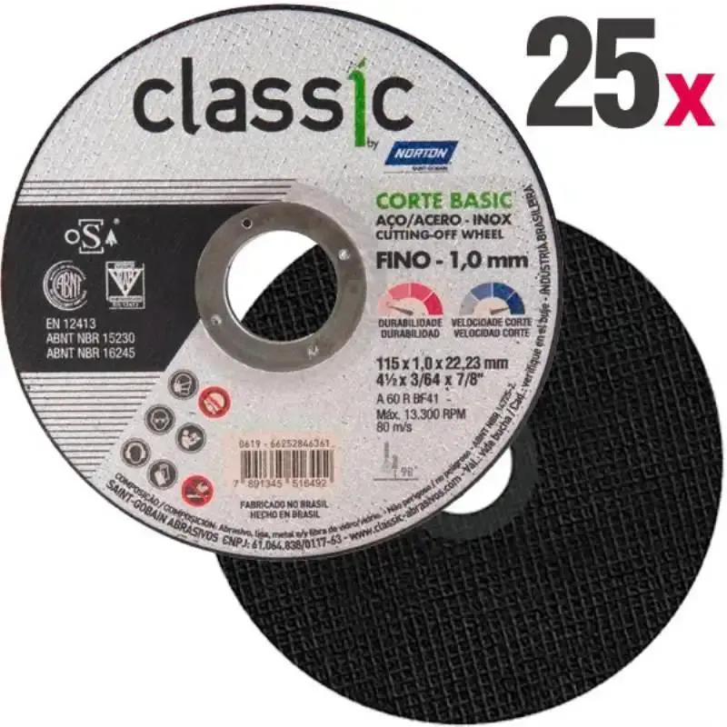 Disco de Corte 4.1/2 POL x 1.0 MM Aço Inox Classic Corte Basic Kit 25 Peças NORTON — fotografia de referência