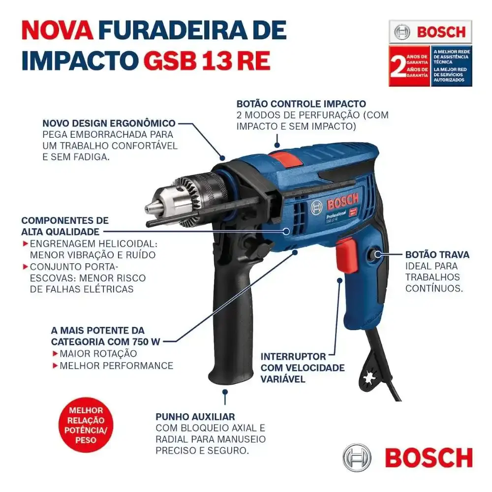 Furadeira de impacto 1/2 POL 750W com maleta kit 5 brocas e estojo 15 peças Bosch 110 V — fotografia 9
