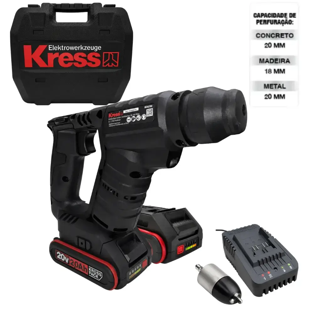 Martelete plus brushless tile pulse 20V 1,7J com 2 baterias carregador e maleta Kress — fotografia de referência
