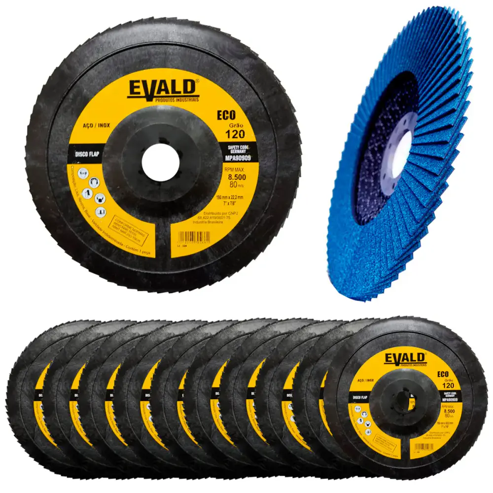 Disco de Lixa Flap Zirconio 7 POL 180 mm Aço Inox Grão 120 Kit 10 Unidades EVALD — fotografia de referência