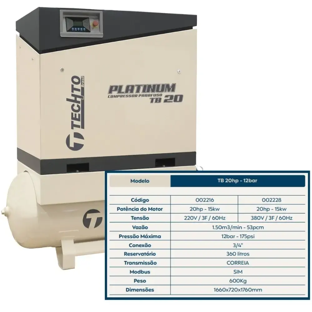 Compressor de parafuso platinum com reservatório 360L 20HP 12BAR 380V TB20 techto — fotografia 6