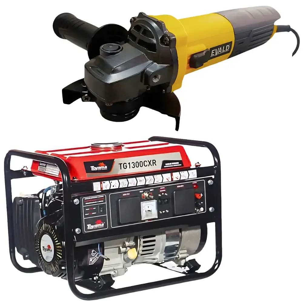 Gerador à gasolina 1,25 kva bivolt TG1300CXR e esmerilhadeira angular 4.1/2 POL Evald — fotografia de referência
