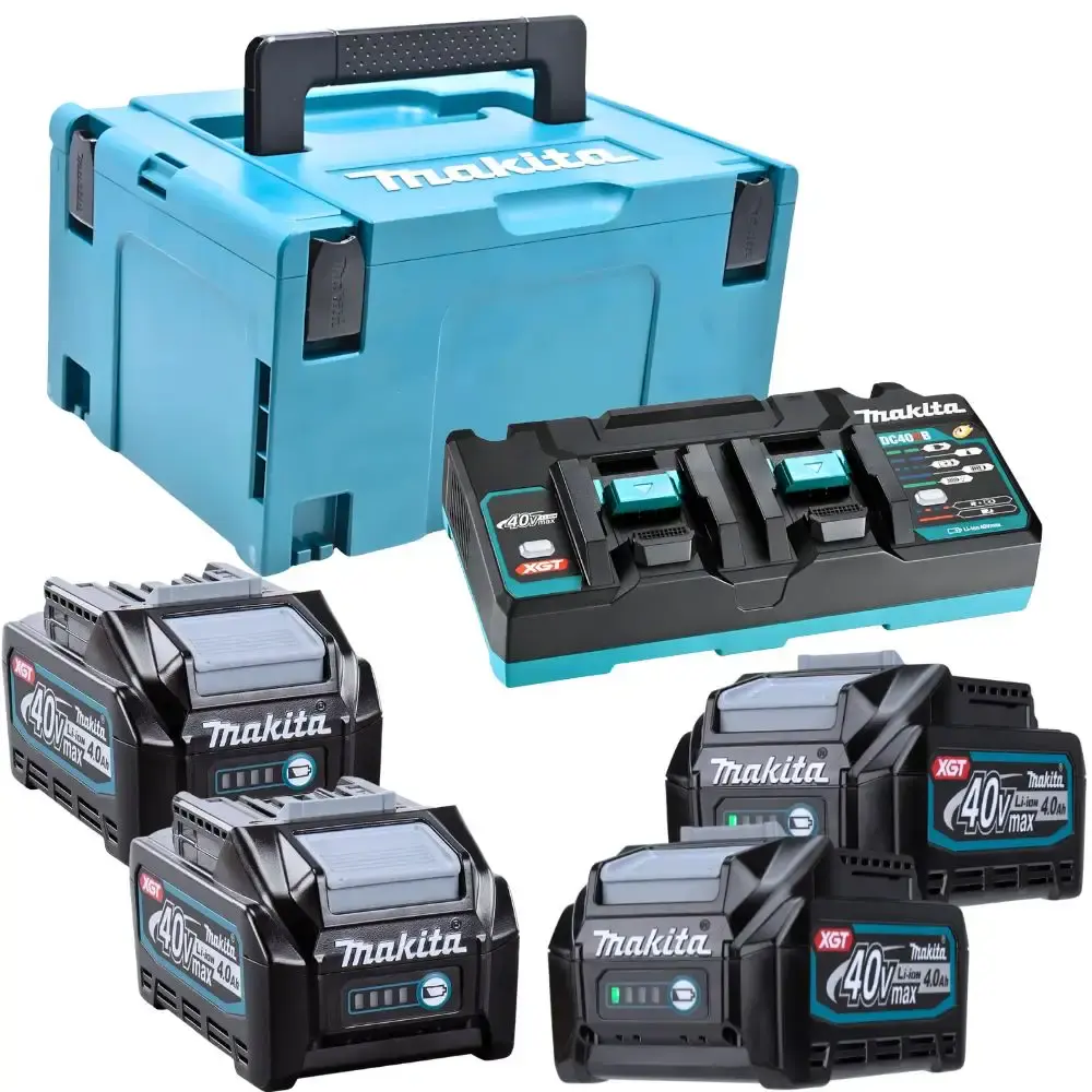Carregador bivolt DC40RB com 4 baterias 40V BL4040 Makita — fotografia de referência