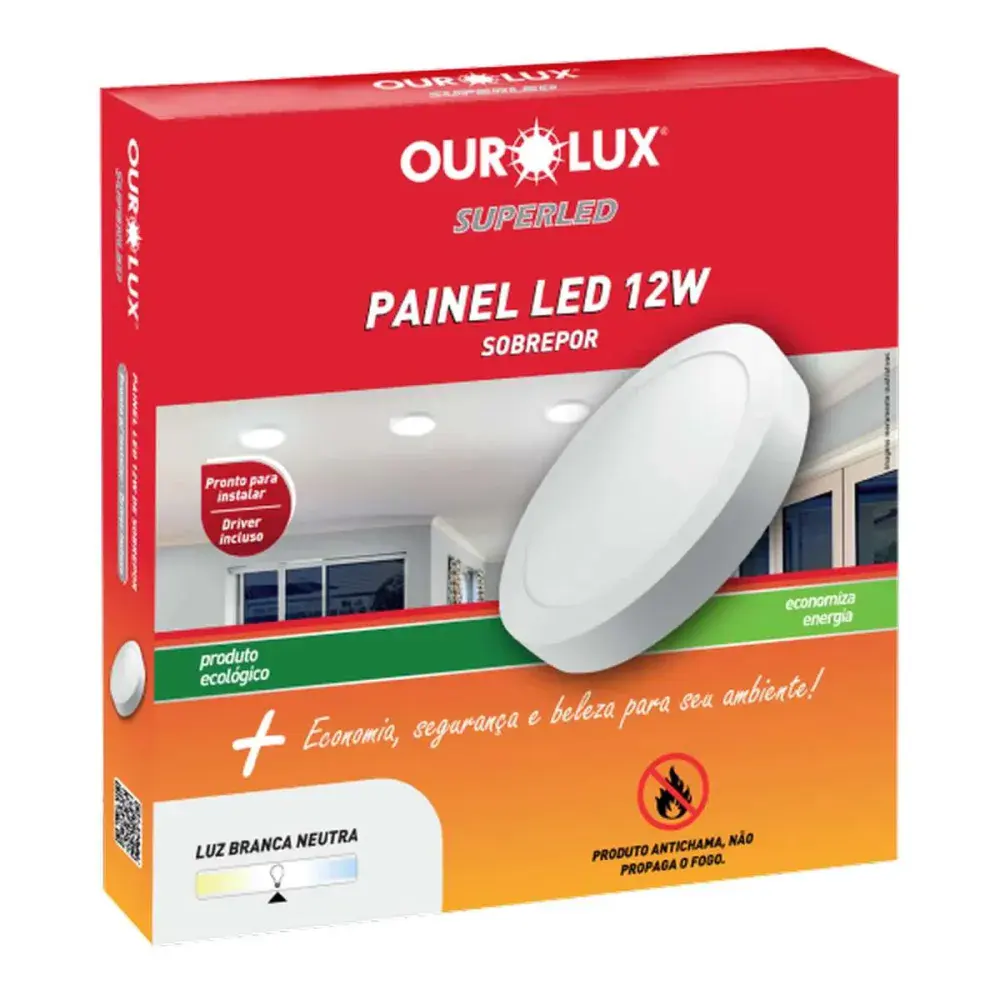 Painel led redondo sobrep 12W 2700K biv Ourolux — fotografia de referência