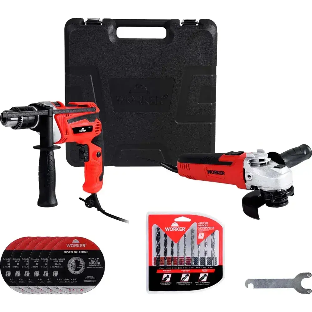 Kit esmerilhadeira 650W furadeira impacto 710W 24PEÇ 127V Worker — fotografia 7