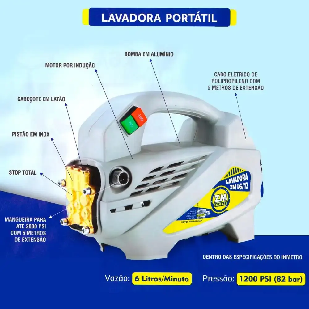 Lavadora Alta Pressão Portátil 2,0 CV ZM L6/12 1600W Semiprofissional c/ Carrinho ZM 220 V — fotografia 4