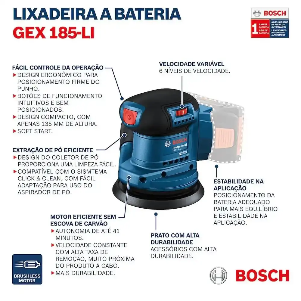 Lixadeira roto orbital 18V GEX 185-LI com 2 baterias 18V e carregador bivolt Bosch — fotografia 9