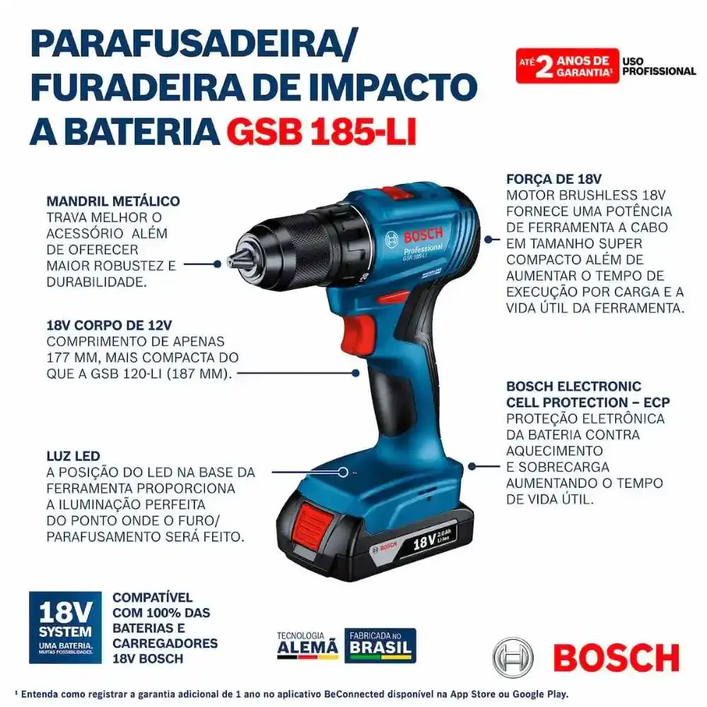 Parafusadeira de impacto 18V 65NM brushless com 2 baterias 4,0 ah e carregador bivolt Bosch — fotografia 6