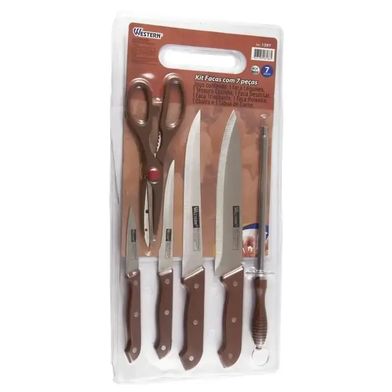 Jogo de facas inox com tesoura. chaira e tábua kit com 7 peças marrom 1397 Western — fotografia 3