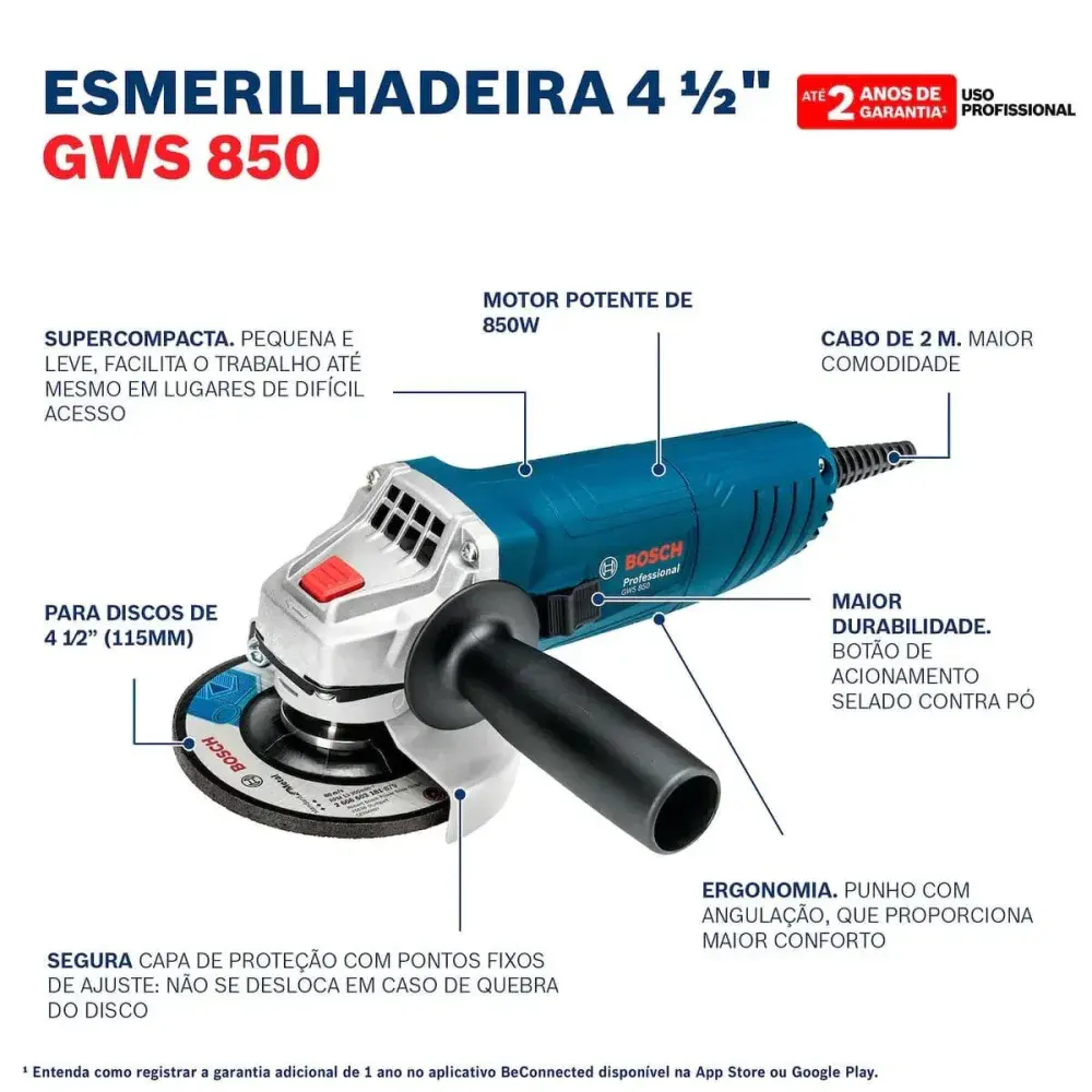 Esmerilhadeira angular GWS850 4.1/2" 127V com 3 discos Bosch — fotografia 9