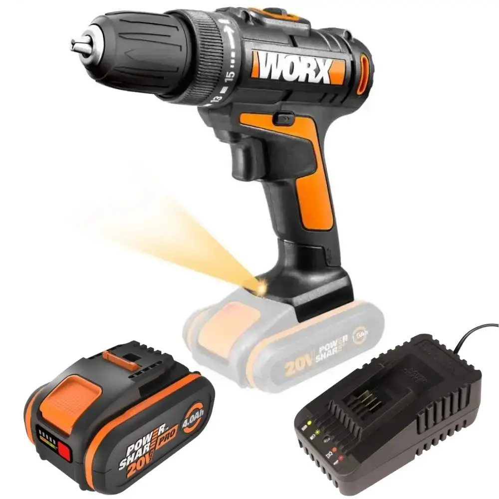 Parafusadeira e furadeira 30NM com bateria 20V 4,0AH e carregador bivolt worx Positec — fotografia de referência