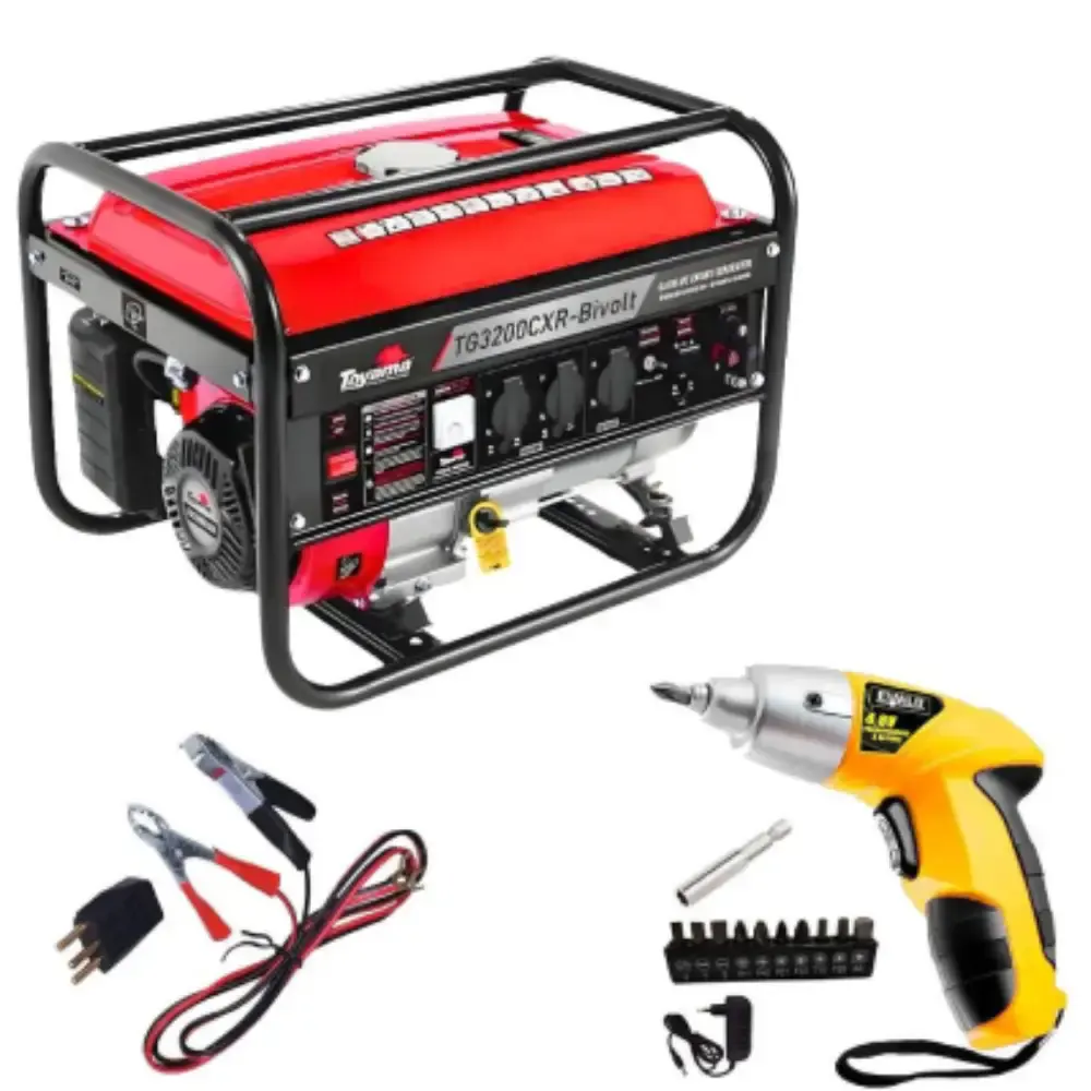 Gerador de energia a gasolina 3,1 kva bivolt partida manual TG3200CXR Toyama com parafusadeira 4,8V torque 3NM evald — fotografia de referência