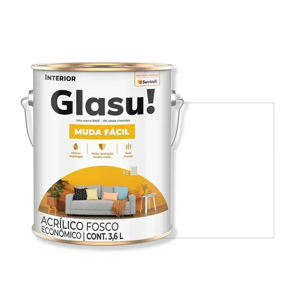 Tinta acrílica muda fácil fosco branco 3,6L glasu Suvinil Glasu! — fotografia 2