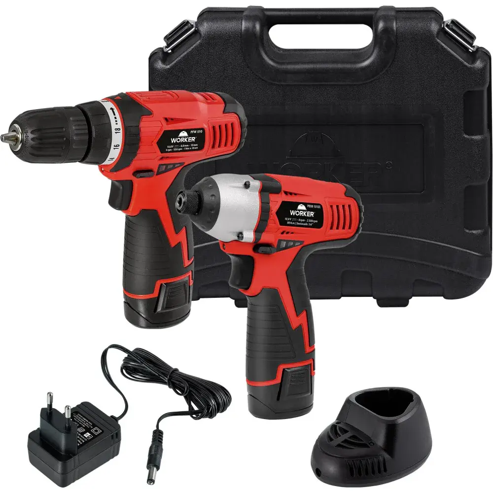 Conjunto parafusadeira e furadeira e chave de impacto à bateria 10,8V Worker