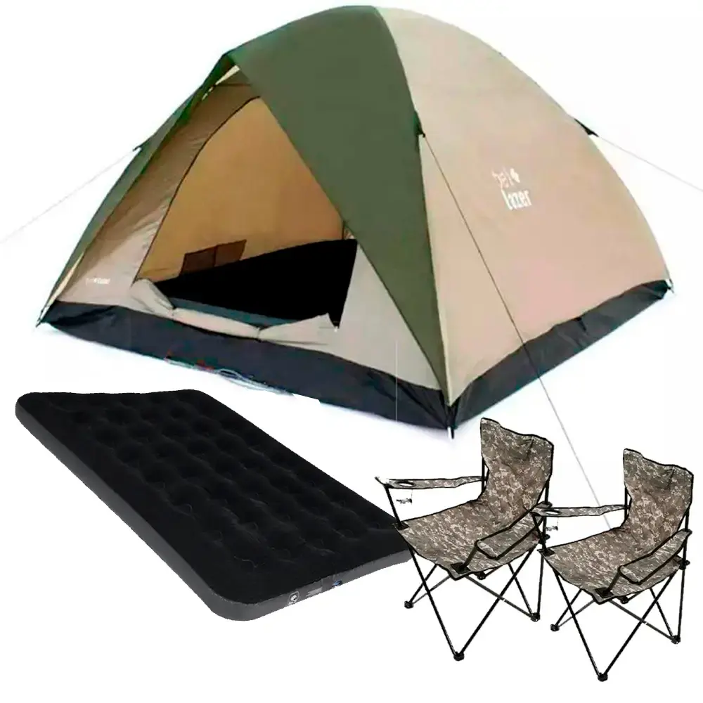 Barraca camping premium 2 cadeiras araguaia BEL e colchão inflável casal BEL — fotografia de referência