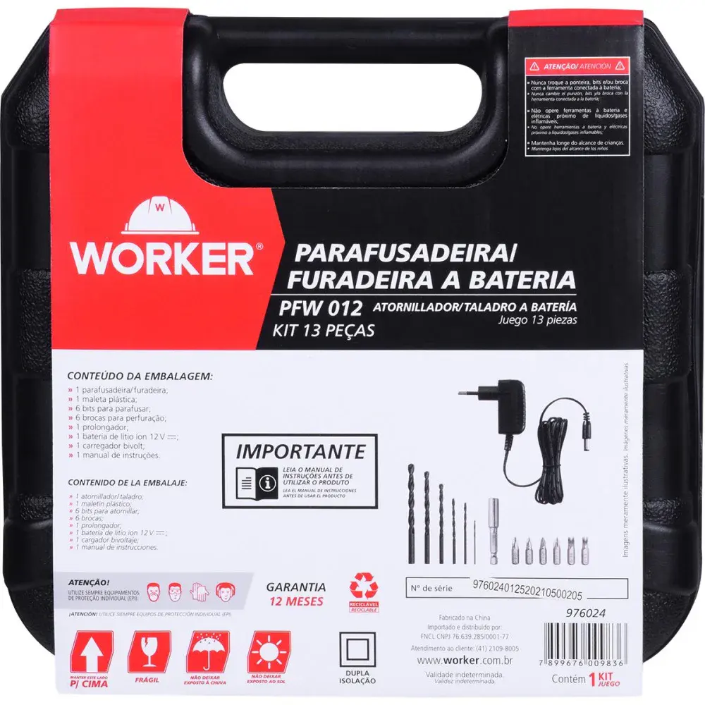 Furadeira parafusadeira a bateria com 13 peç 12V bivolt Worker — fotografia 10