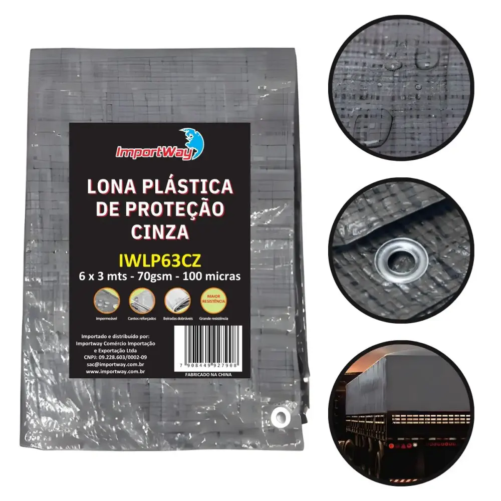 Lona Carreteiro 100 Micras Leve 6 x 3 Metros Cinza IWLP63TR IMPORTWAY
