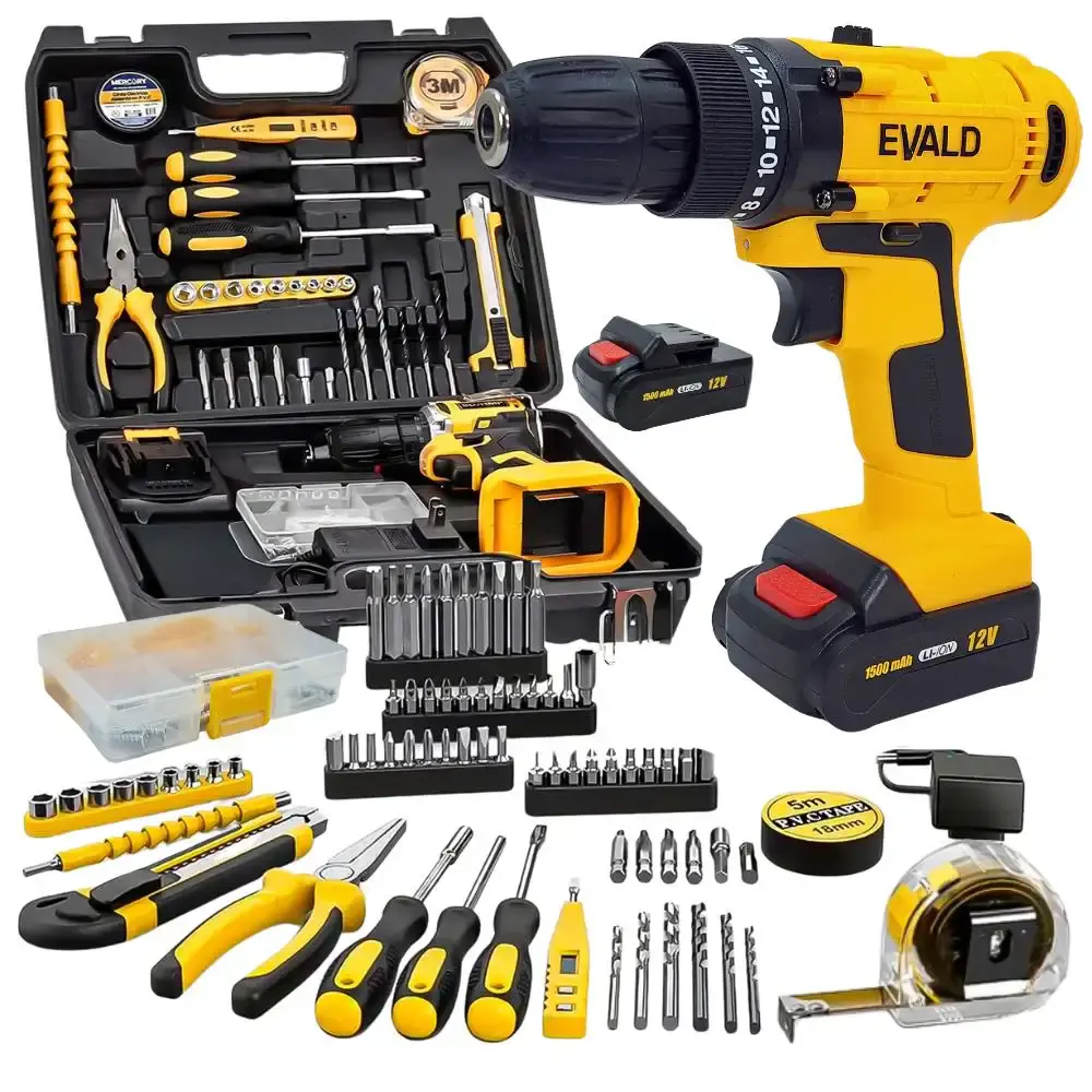 Parafusadeira furadeira bateria 12V com maleta e kit 136 peças bivolt Evald