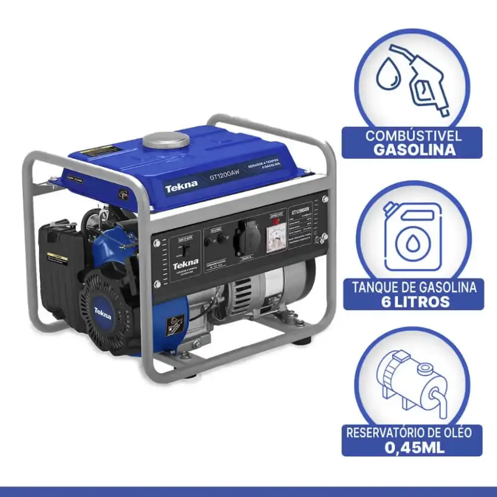 Gerador de Energia á Gasolina 1.2 KVA 4 Tempos GT1200 Monofásico TEKNA 220V — fotografia 2
