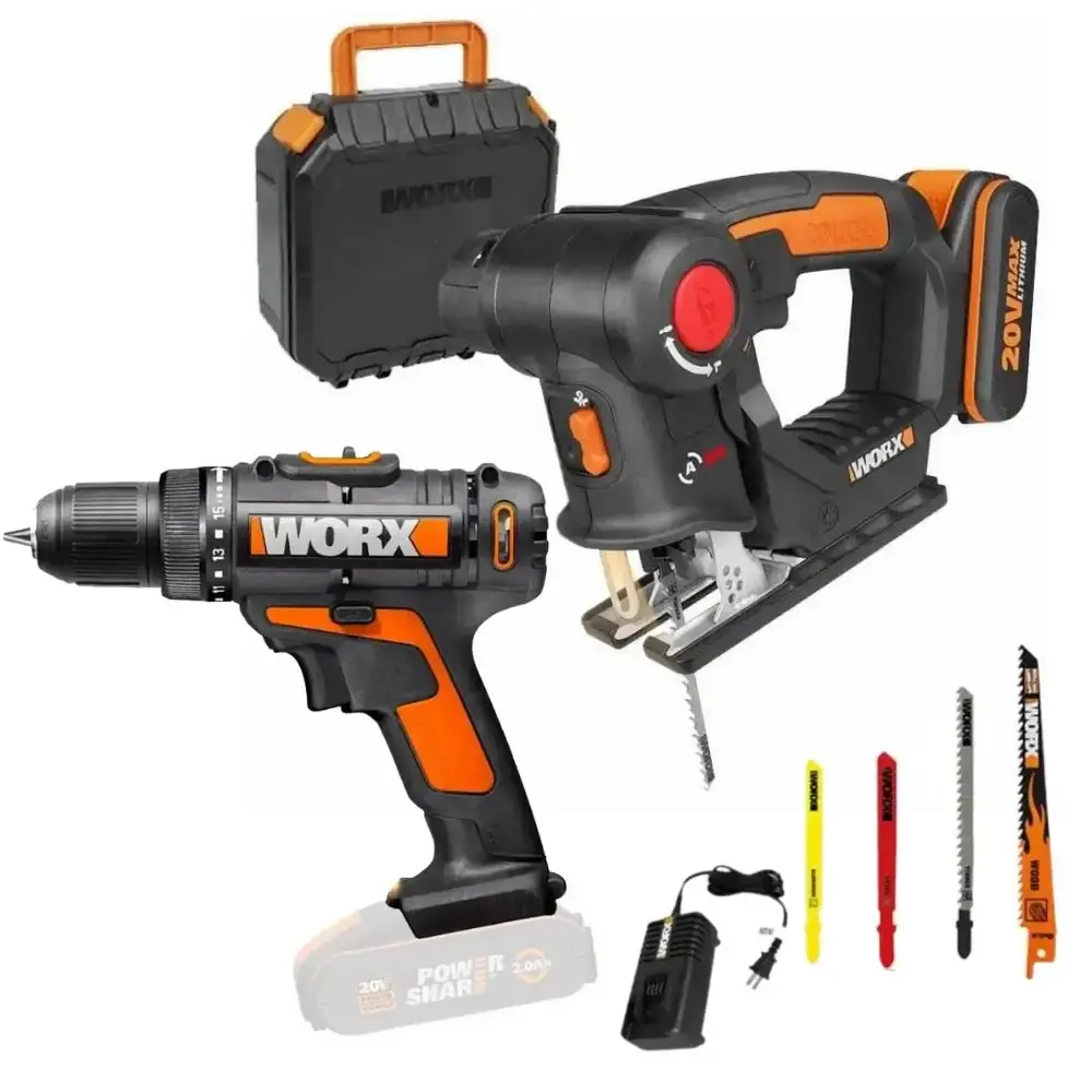 Parafusadeira e furadeira 20V WX100.9 sem bateria e carregador com serra sabre e tico-tico a bateria 20V WX550 Worx — fotografia de referência
