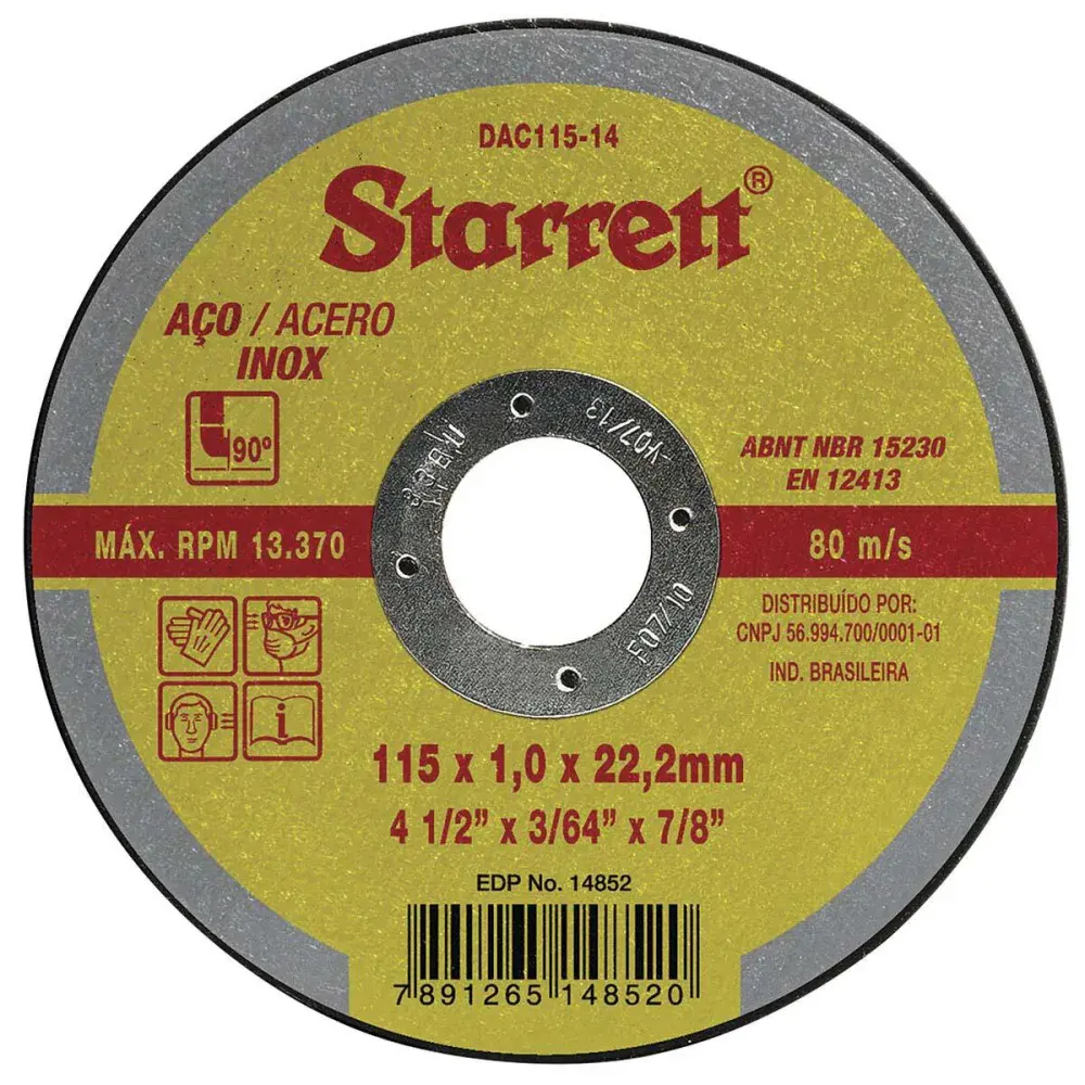 Disco de corte fino para aço inox 115X1MM 13300RPM Starrett — fotografia de referência