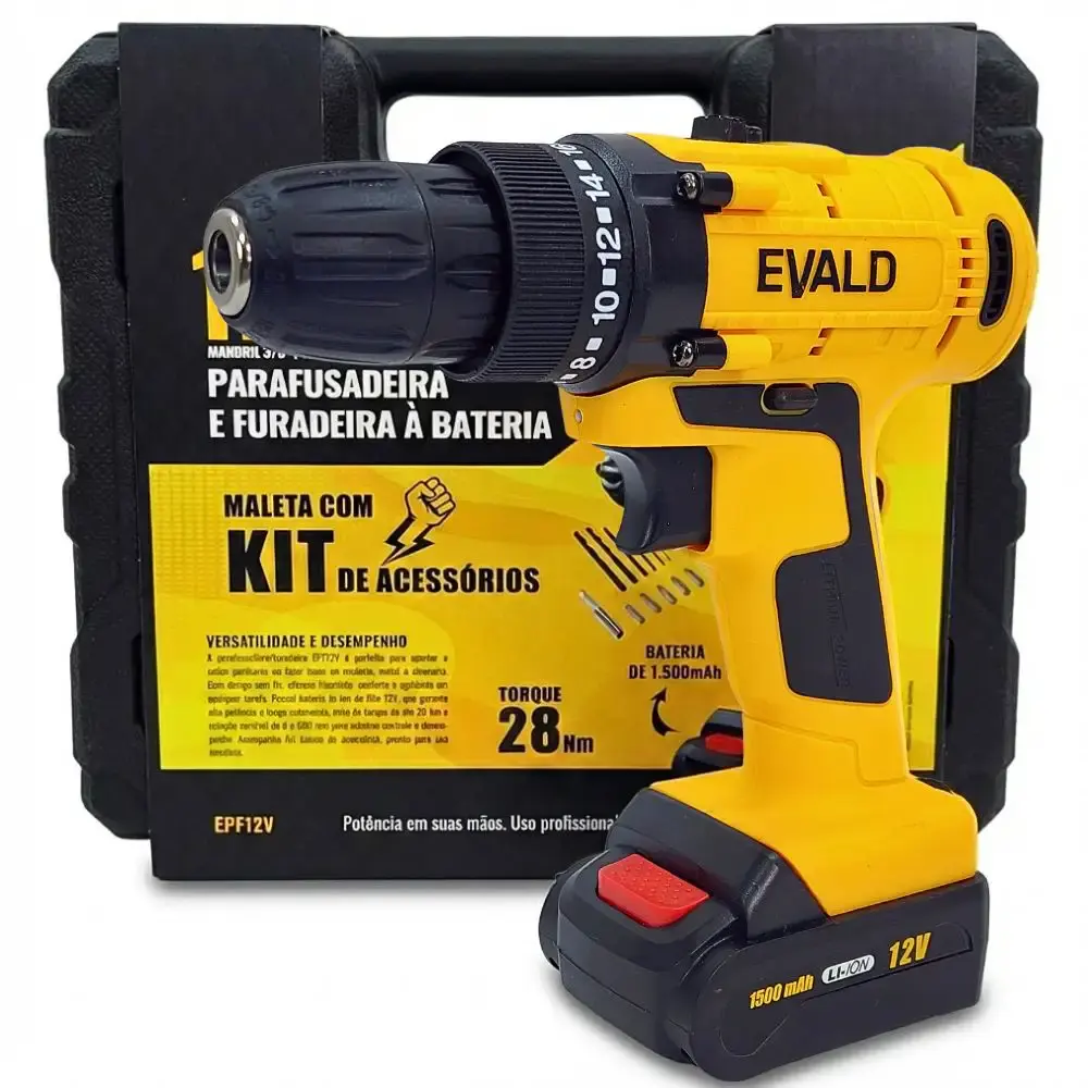 Parafusadeira furadeira bateria 12V com maleta e kit bivolt Evald — fotografia 2