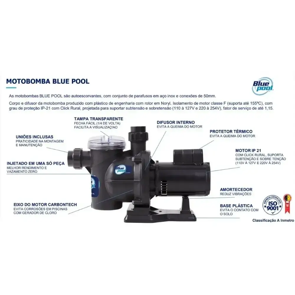 Bomba 1,0 CV mono IP21 com filtro 75.000 litros 1,0 CV sem areia para piscina Bluepool — fotografia 7