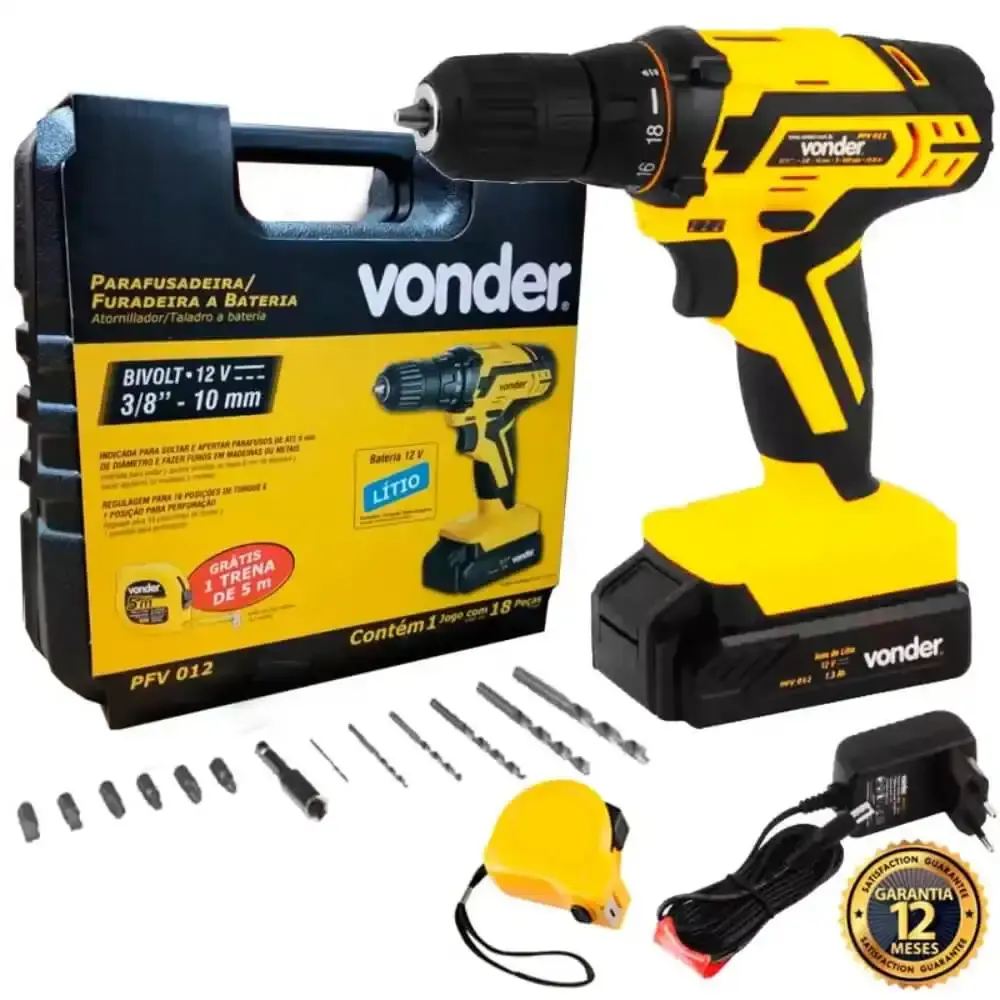 Furadeira parafusadeira 12V com bateria carregador bivolt e kit brocas, bits e trena PFV012 Vonder — fotografia 6