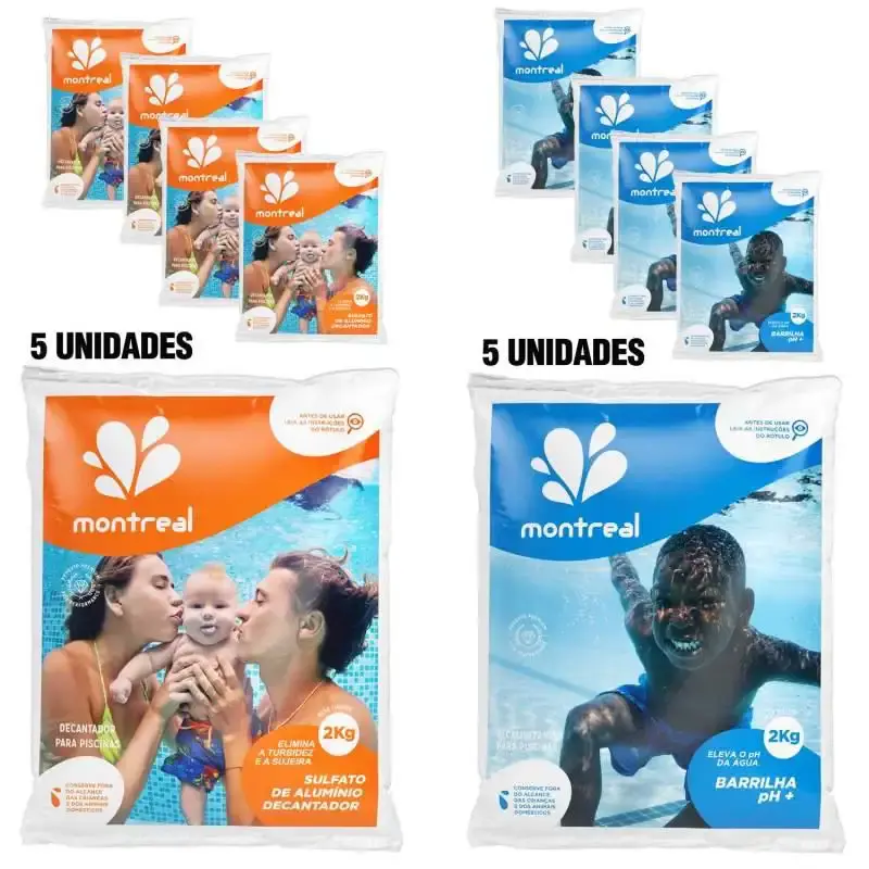 Kit 5 barrilhas elevador de PH 2 kg/cada + kit 5 decantadores sulfato de alumínio 2 kg/cada Montreal — fotografia de referência