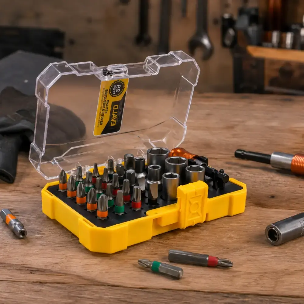 Estojo de bits e soquetes kit 28 peças pontas coloridas e catraca reversível Evald — fotografia 4