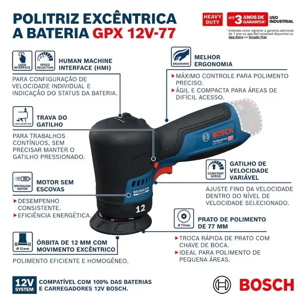 Politriz excêntrica a bateria 12V 77 MM sem bateria e carregador GPX 12V-77 Bosch — fotografia 8