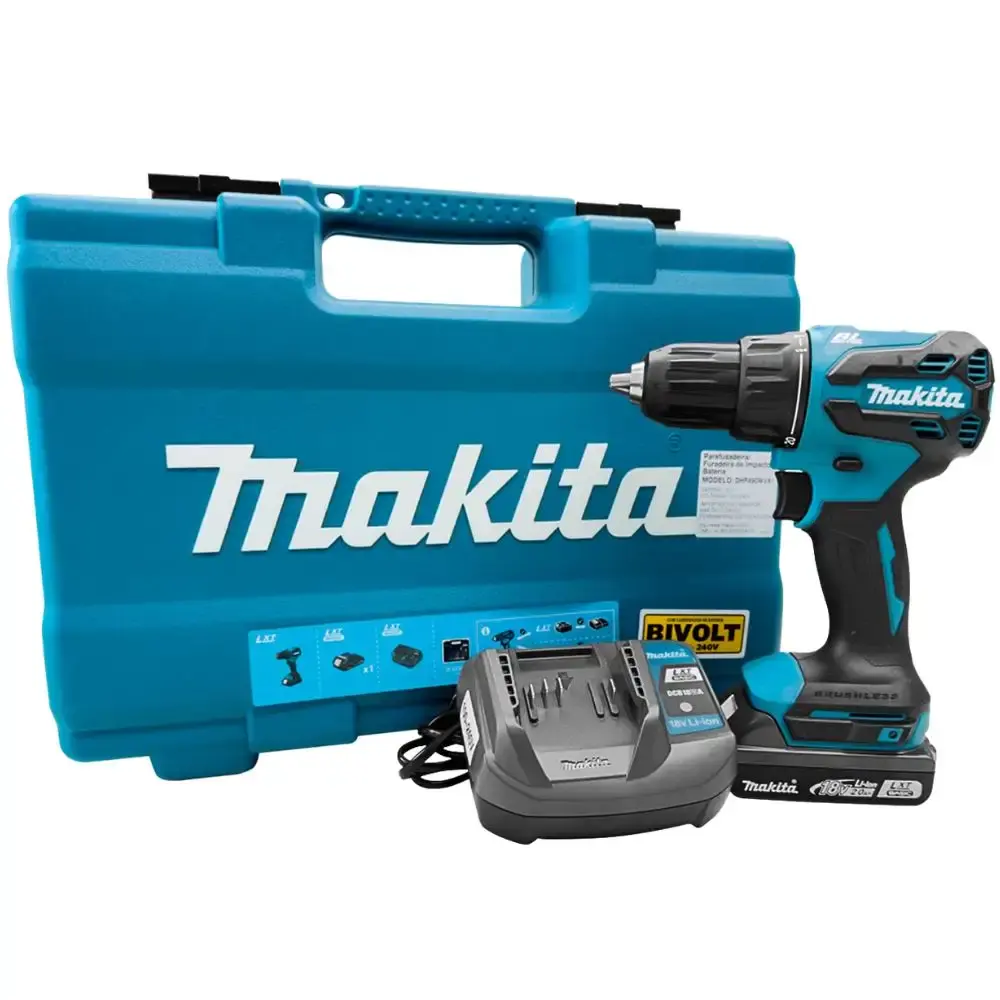 Parafusadeira furadeira impacto bateria 18V com carregador e maleta 74PÇS DHP490WVX1 Makita — fotografia de referência